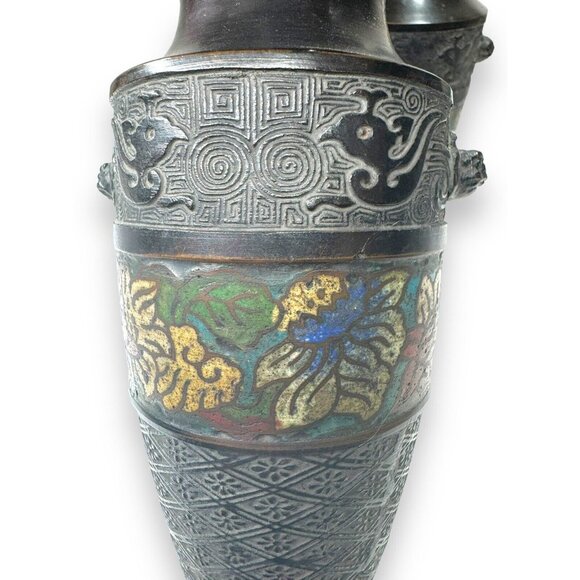 Antique Chinese Cloissone Bronze Vases Set Of 2 - Picture 9 of 16